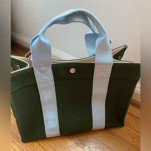 Rue de Verneuil Medium Tote in deep green wool with light blue straps.
